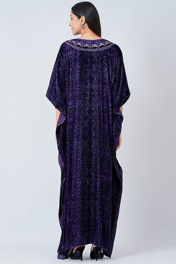 Purple Silk Velvet Embroidered Maxi Kaftan by First Resort by Ramola Bachchan at Pernia's Pop Up Shop