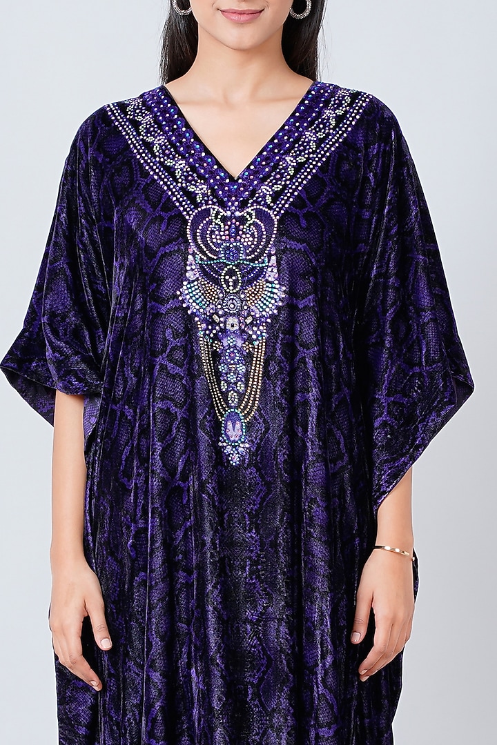 Purple Silk Velvet Embroidered Maxi Kaftan by First Resort by Ramola Bachchan at Pernia's Pop Up Shop