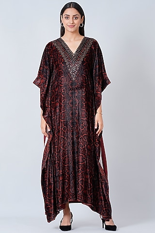 Brown Animal Print Embellished Maxi Kaftan by First Resort by Ramola Bachchan