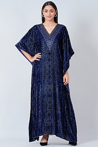 Classic Blue Print & Embellished Maxi Kaftan by First Resort by Ramola Bachchan