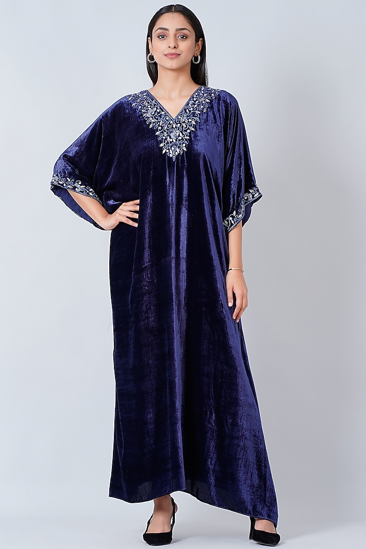 Blue Embroidered Maxi Kaftan by First Resort by Ramola Bachchan