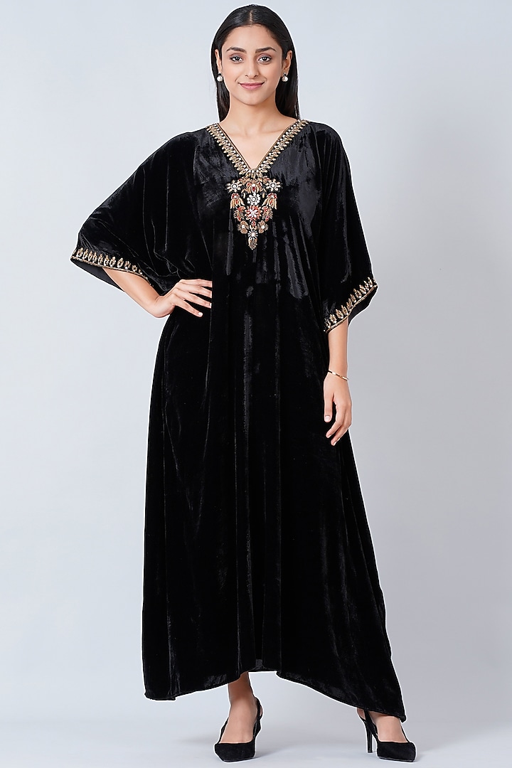 Black Embroidered Maxi Kaftan by First Resort by Ramola Bachchan