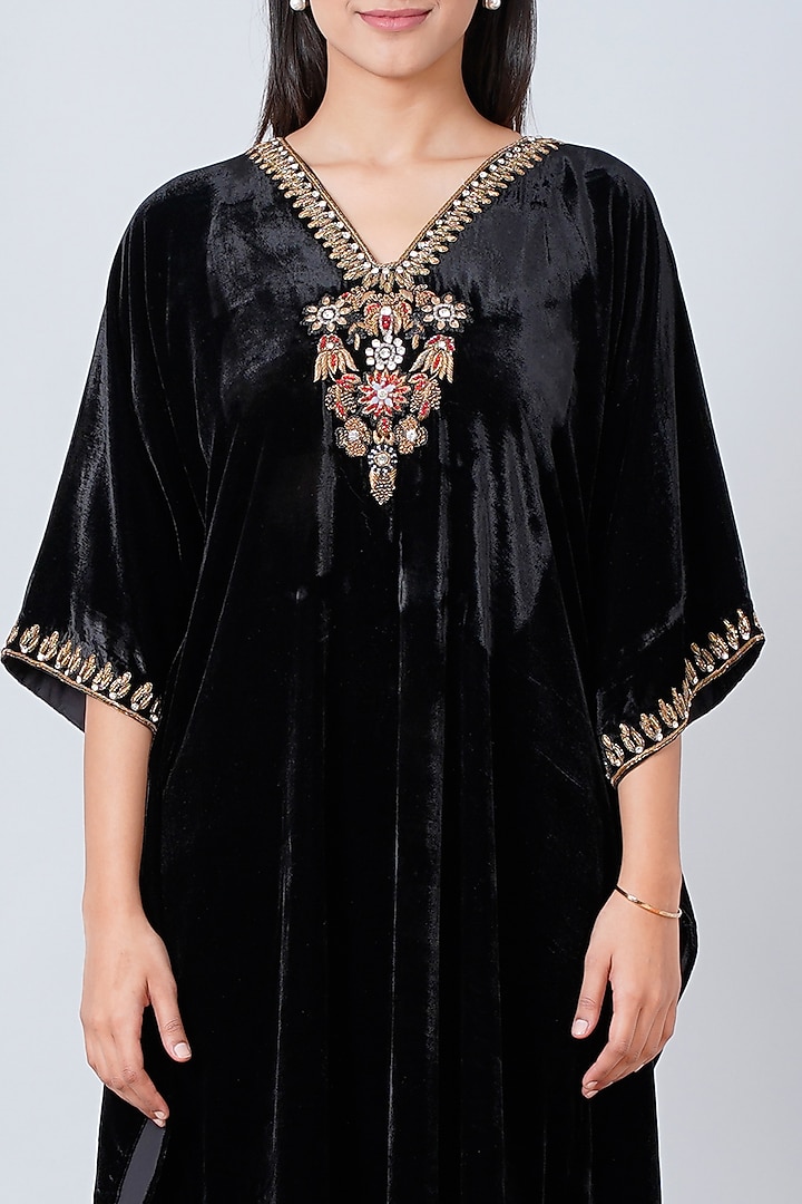 Black Embroidered Maxi Kaftan by First Resort by Ramola Bachchan at Pernia's Pop Up Shop