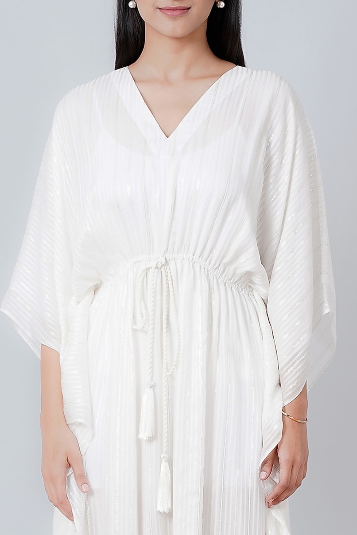 White Lurex Satin Kaftan by First Resort by Ramola Bachchan at Pernia's Pop Up Shop