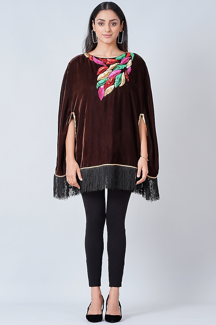 Brown Hand Embroidered Poncho Top by First Resort by Ramola Bachchan