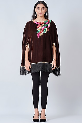 Brown Hand Embroidered Poncho Top by First Resort by Ramola Bachchan