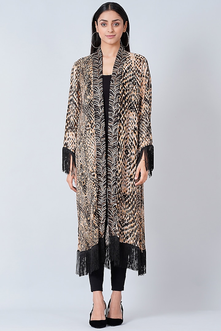 Light Brown & Black Printed Kimono Cover-Up by First Resort by Ramola Bachchan