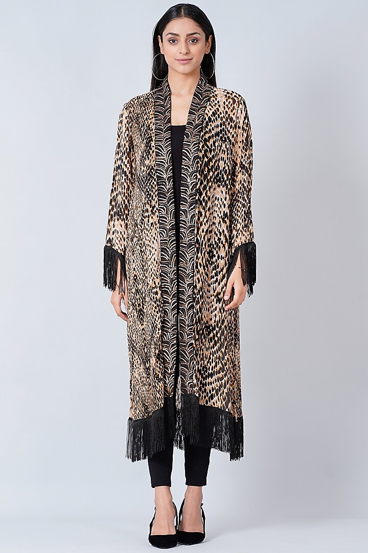 Light Brown & Black Printed Kimono Cover-Up by First Resort by Ramola Bachchan at Pernia's Pop Up Shop