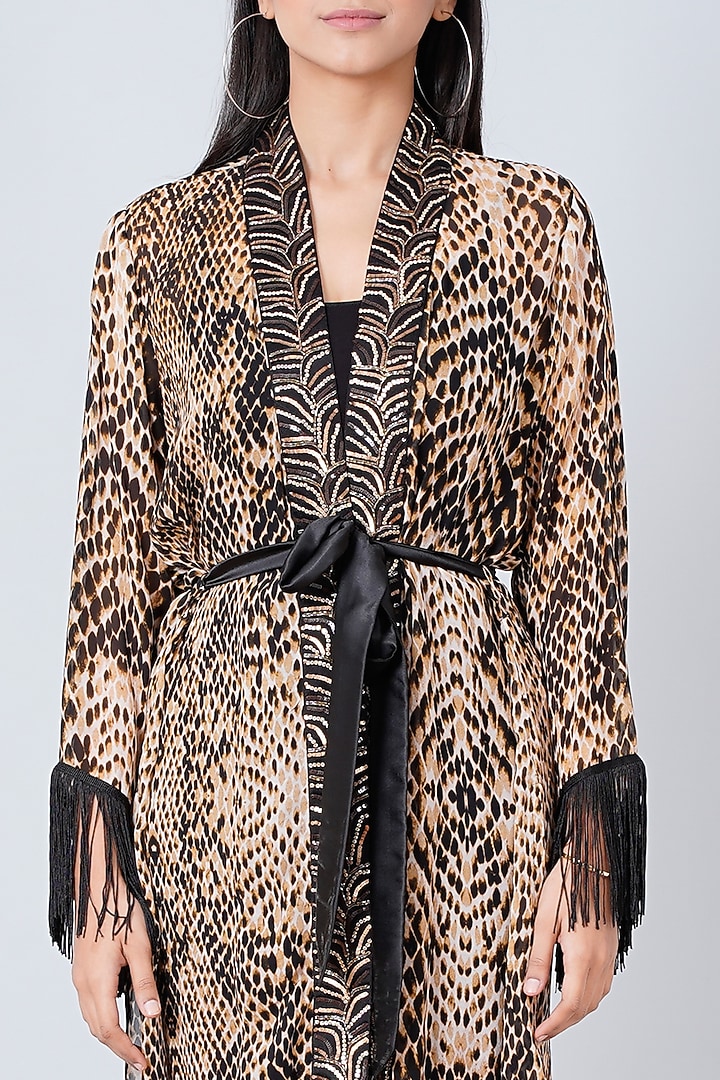 Light Brown & Black Printed Kimono Cover-Up by First Resort by Ramola Bachchan at Pernia's Pop Up Shop