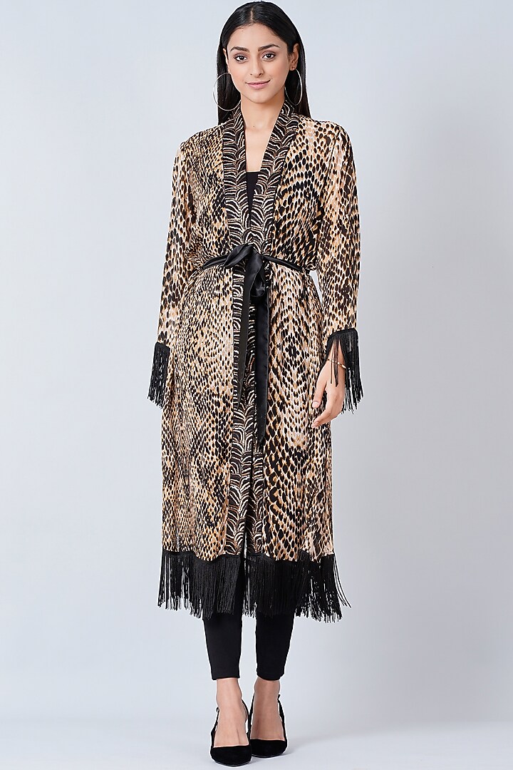 Light Brown & Black Printed Kimono Cover-Up by First Resort by Ramola Bachchan at Pernia's Pop Up Shop