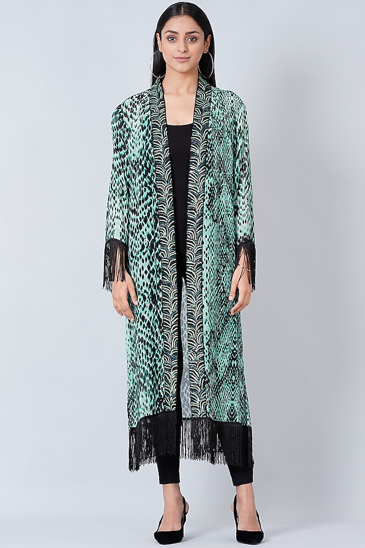 Leaf Green & Black Printed Kimono Cover-Up by First Resort by Ramola Bachchan