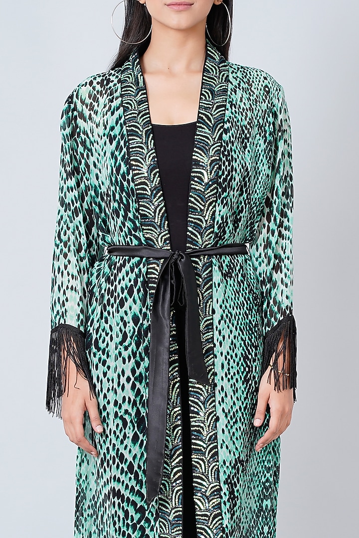 Leaf Green & Black Printed Kimono Cover-Up by First Resort by Ramola Bachchan at Pernia's Pop Up Shop