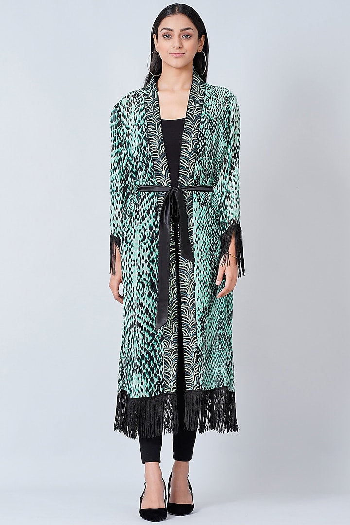 Leaf Green & Black Printed Kimono Cover-Up by First Resort by Ramola Bachchan at Pernia's Pop Up Shop