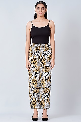 Yellow & Black Printed Palazzo Pants by First Resort by Ramola Bachchan