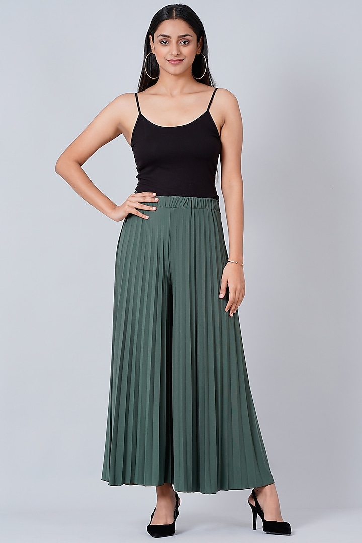 Sage Green Pleated Palazzo Pants by First Resort by Ramola Bachchan