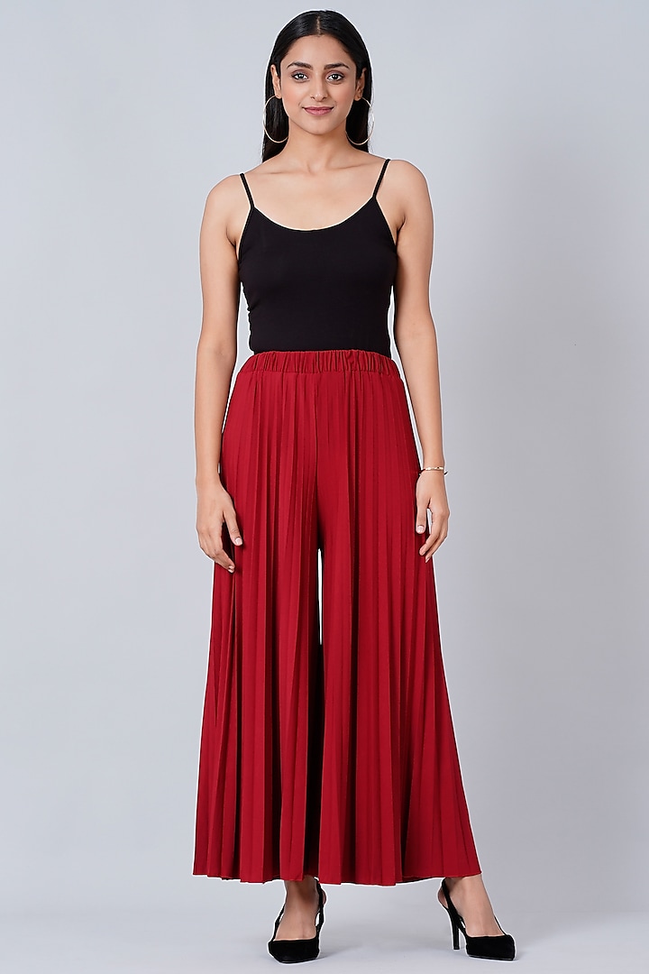 Deep Red Pleated Palazzo Pants by First Resort by Ramola Bachchan