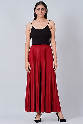 Deep Red Pleated Palazzo Pants by First Resort by Ramola Bachchan