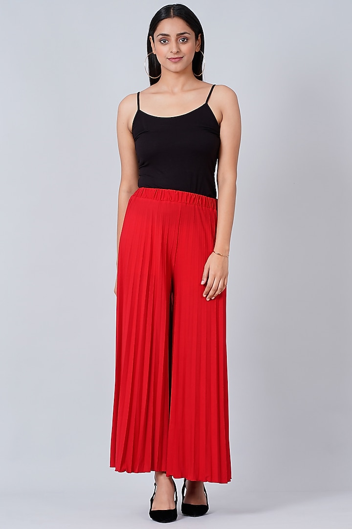 Red Pleated Palazzo Pants by First Resort by Ramola Bachchan