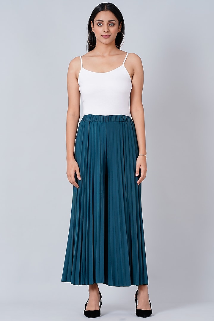 Teal Blue Pleated Palazzo Pants by First Resort by Ramola Bachchan