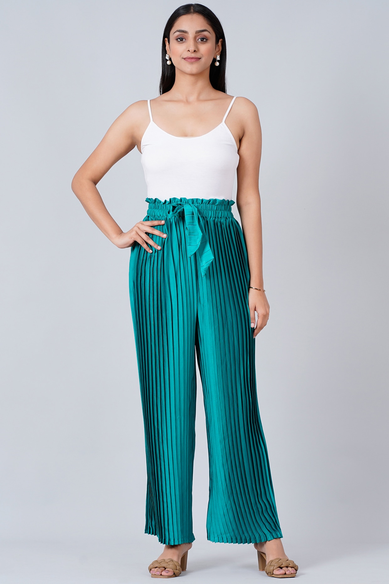 Turquoise Pleated Palazzo Pants Design by First Resort by Ramola