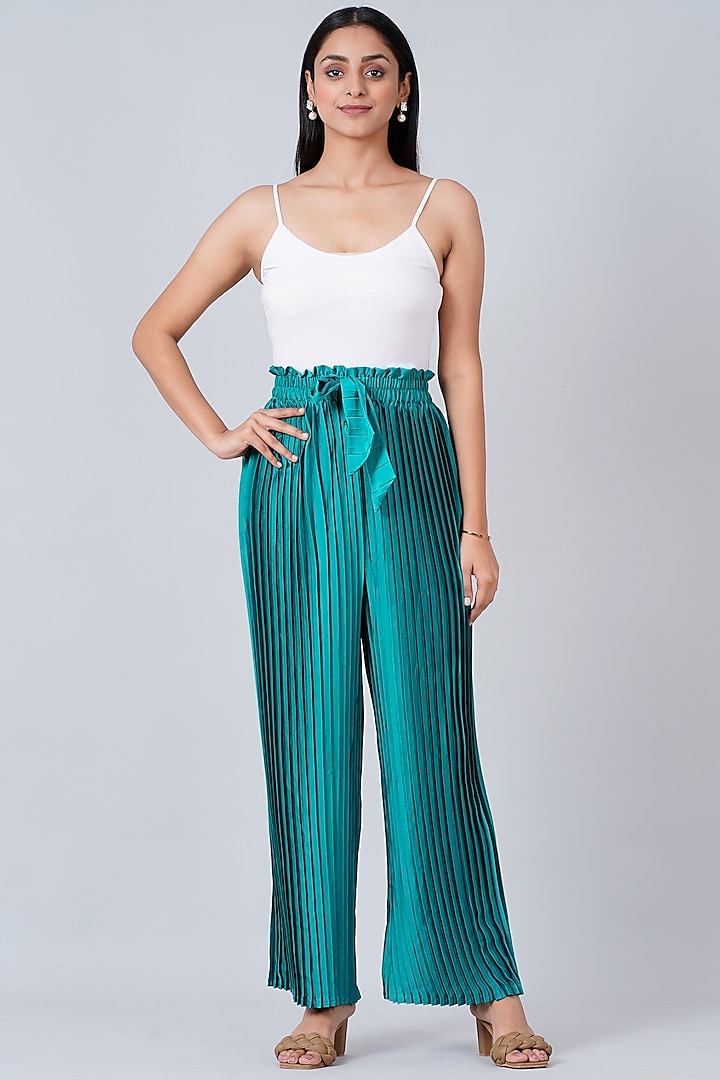 Turquoise Pleated Palazzo Pants by First Resort by Ramola Bachchan
