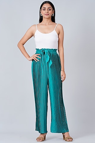 Turquoise Pleated Palazzo Pants by First Resort by Ramola Bachchan