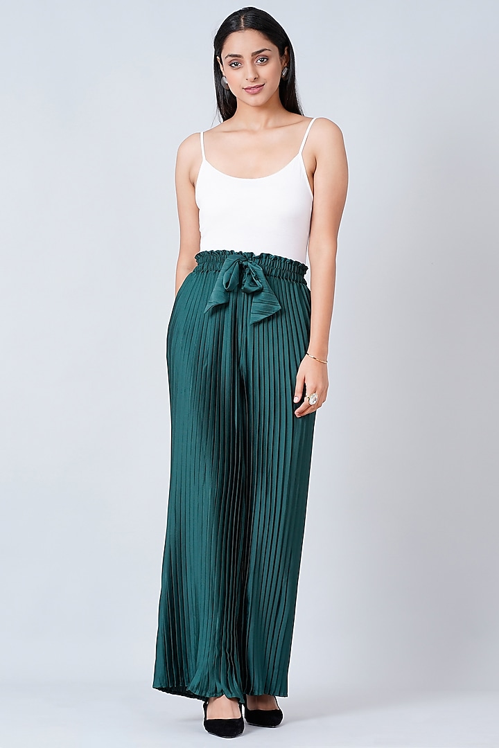 Bottle Green Pleated Palazzo Pants by First Resort by Ramola Bachchan