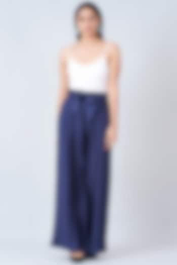 Navy Blue Pleated Palazzo Pants by First Resort by Ramola Bachchan