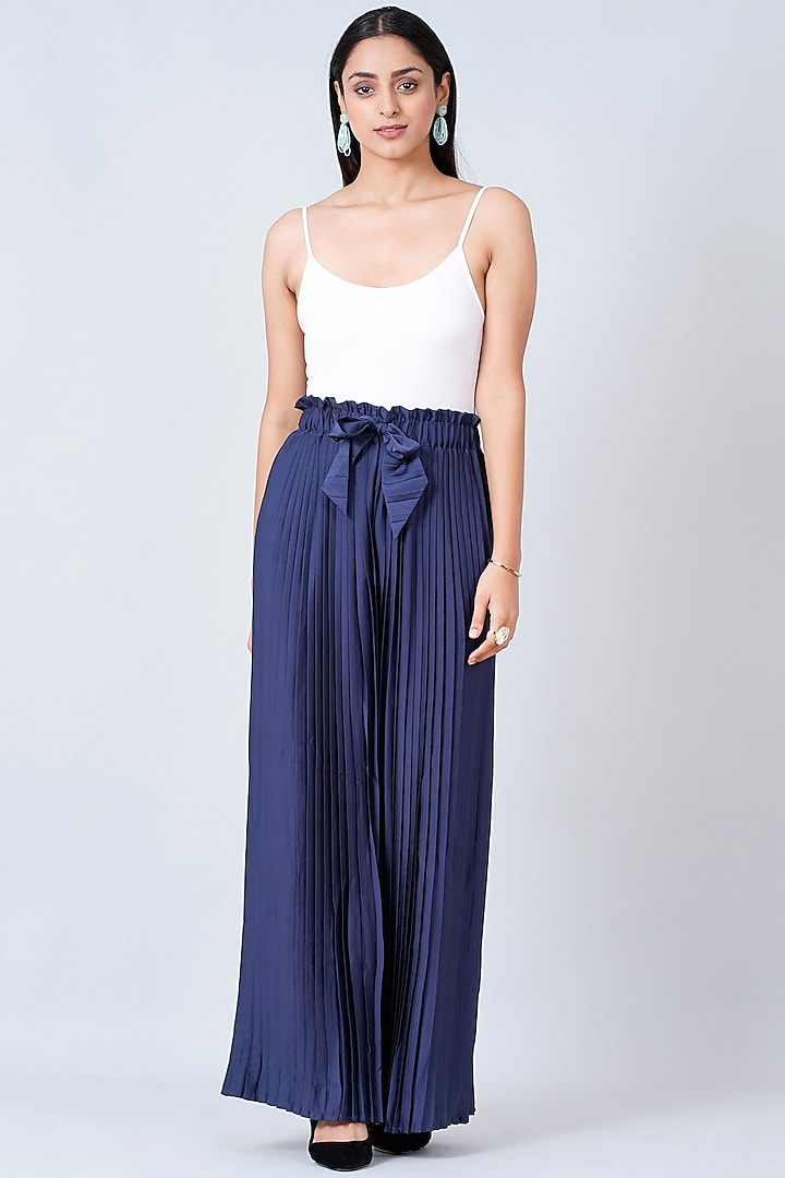 Navy Blue Pleated Palazzo Pants by First Resort by Ramola Bachchan