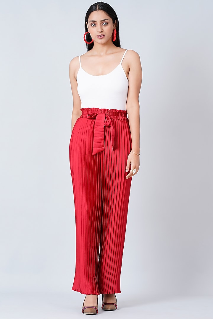 Red Polyester Satin Palazzo Pants by First Resort by Ramola Bachchan
