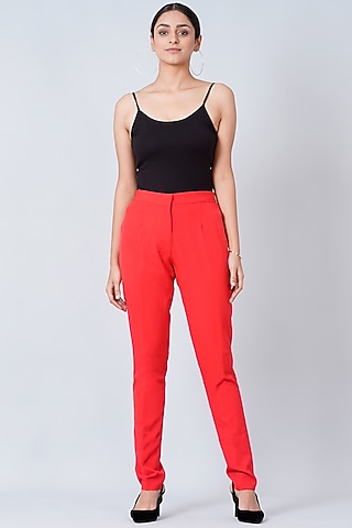 Red Glace Cotton Slim Pants by First Resort by Ramola Bachchan