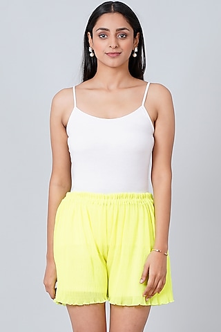 Neon Yellow Pleated Shorts by First Resort by Ramola Bachchan