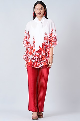 Reddish Pink Polyester Georgette & Satin Pant Set by First Resort by Ramola Bachchan