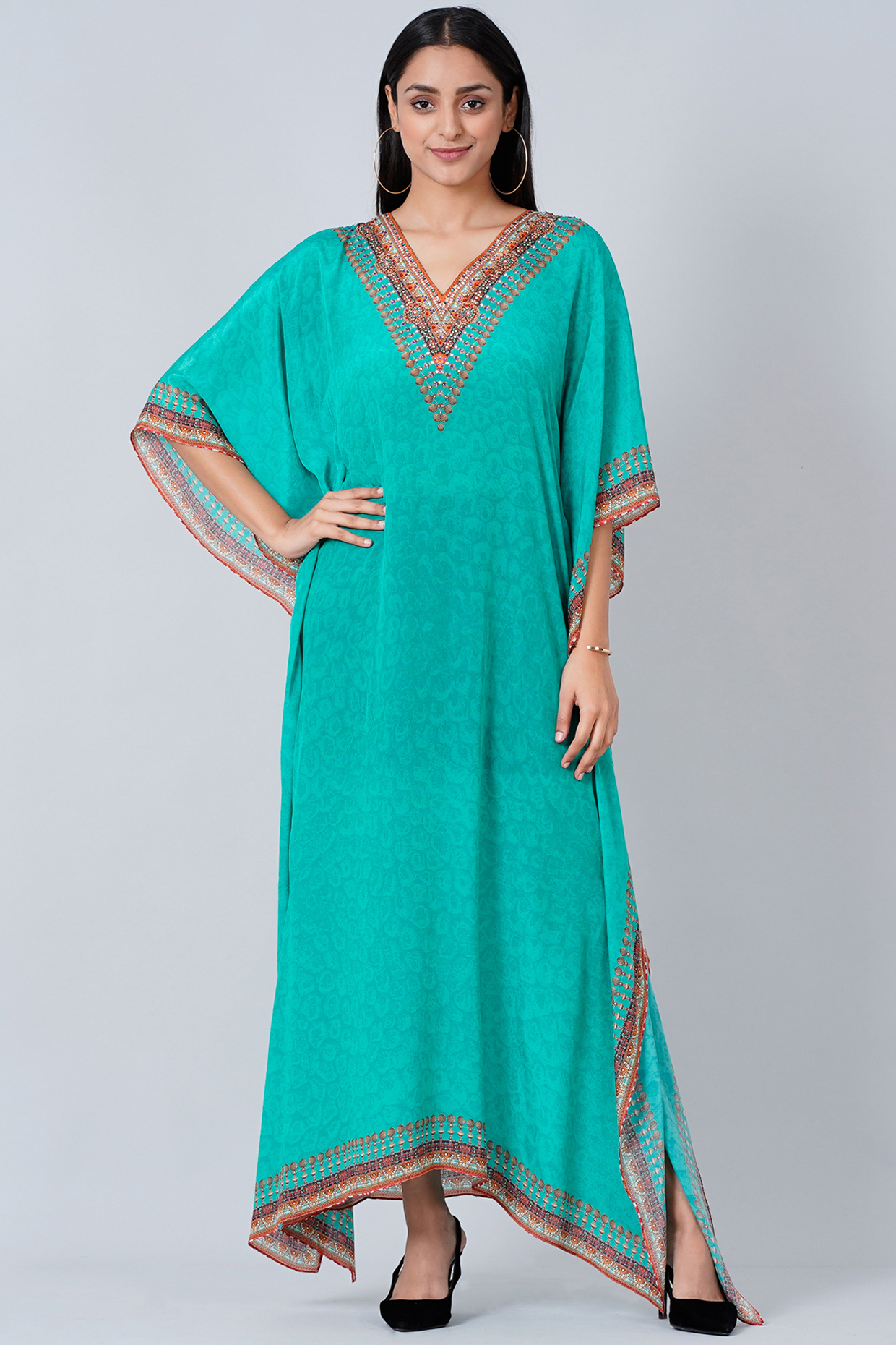 Pool Green Embellished Kaftan by First Resort by Ramola Bachchan at Pernia's Pop Up Shop