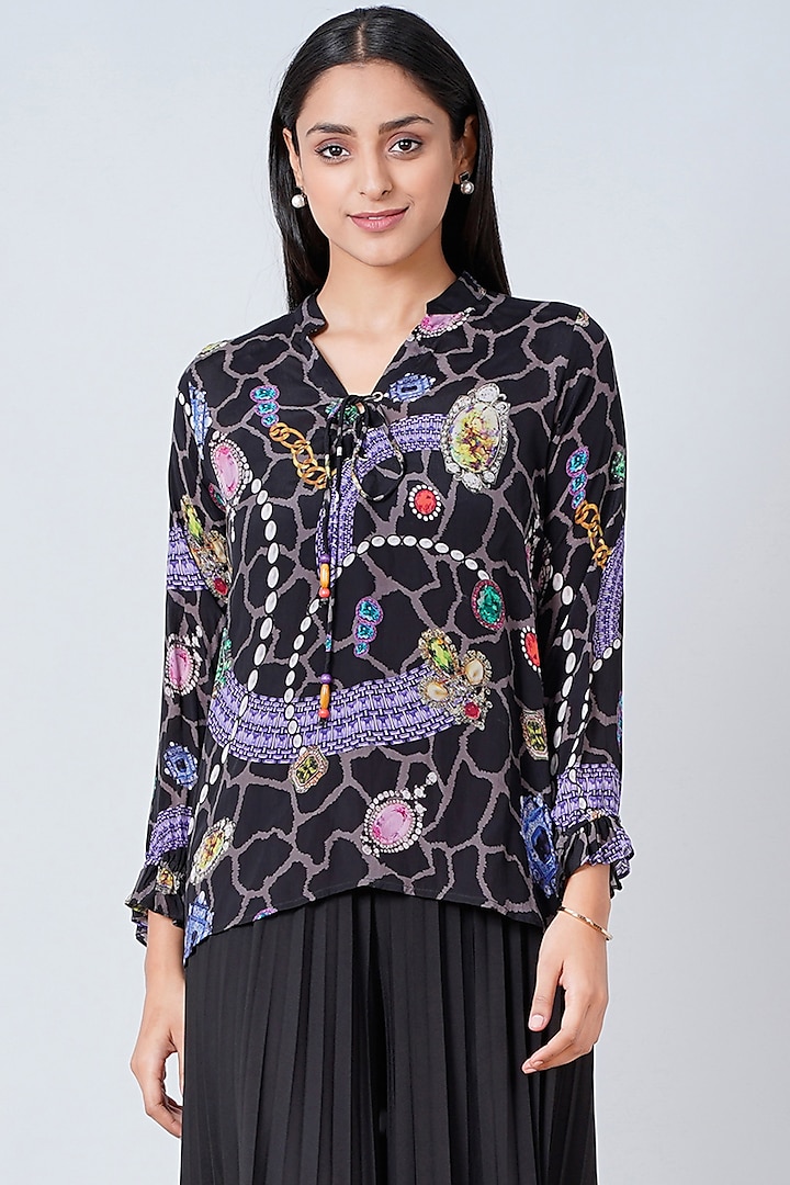 Black Printed Lace-Up Top by First Resort by Ramola Bachchan