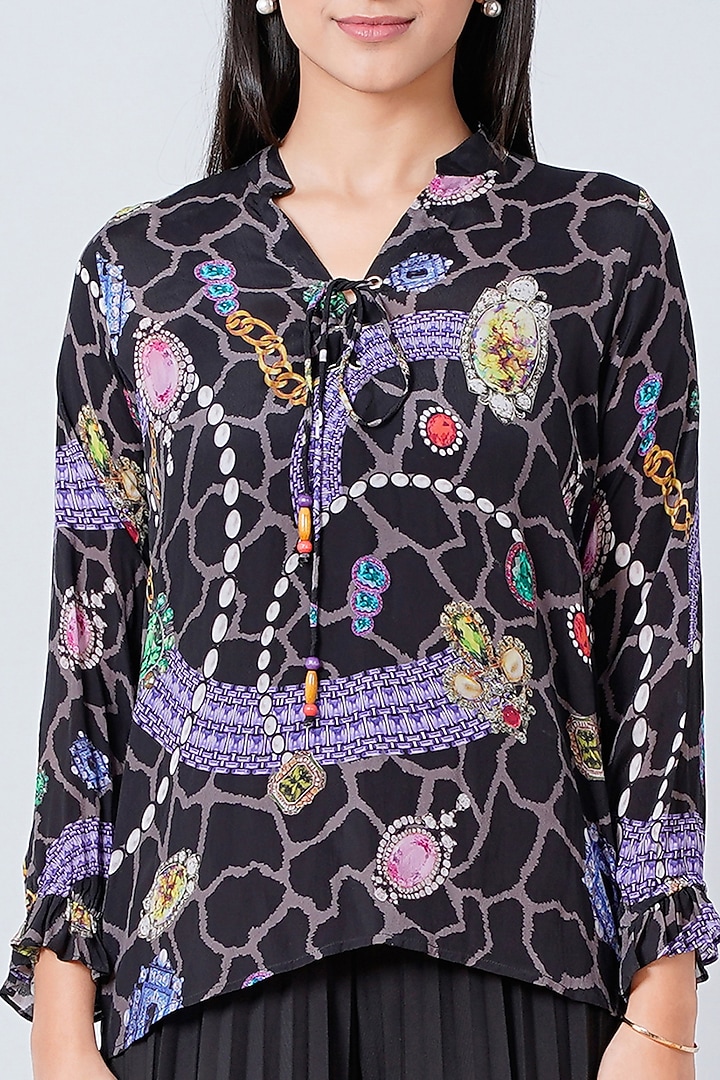 Black Printed Lace-Up Top by First Resort by Ramola Bachchan at Pernia's Pop Up Shop