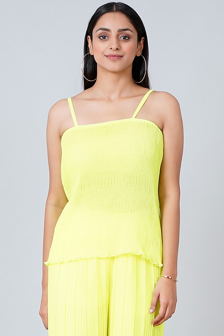 Butter Yellow Polyester Chiffon Pleated Camisole by First Resort by Ramola Bachchan