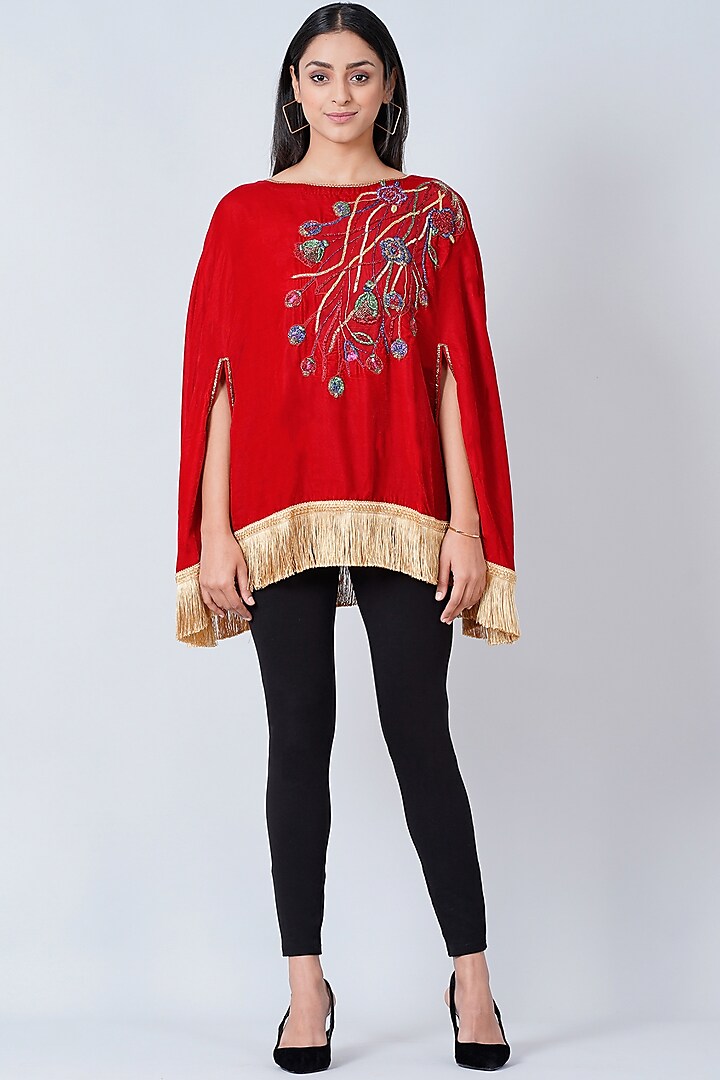 Cadmium Red Embroidered Poncho Top by First Resort by Ramola Bachchan