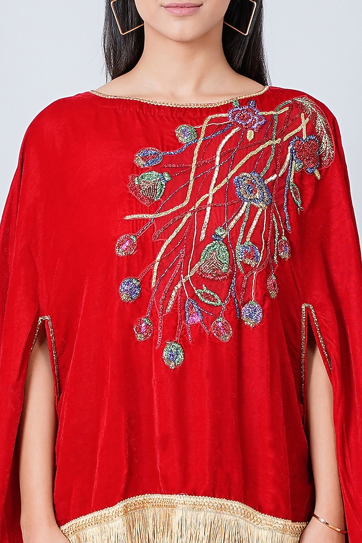 Cadmium Red Embroidered Poncho Top by First Resort by Ramola Bachchan at Pernia's Pop Up Shop
