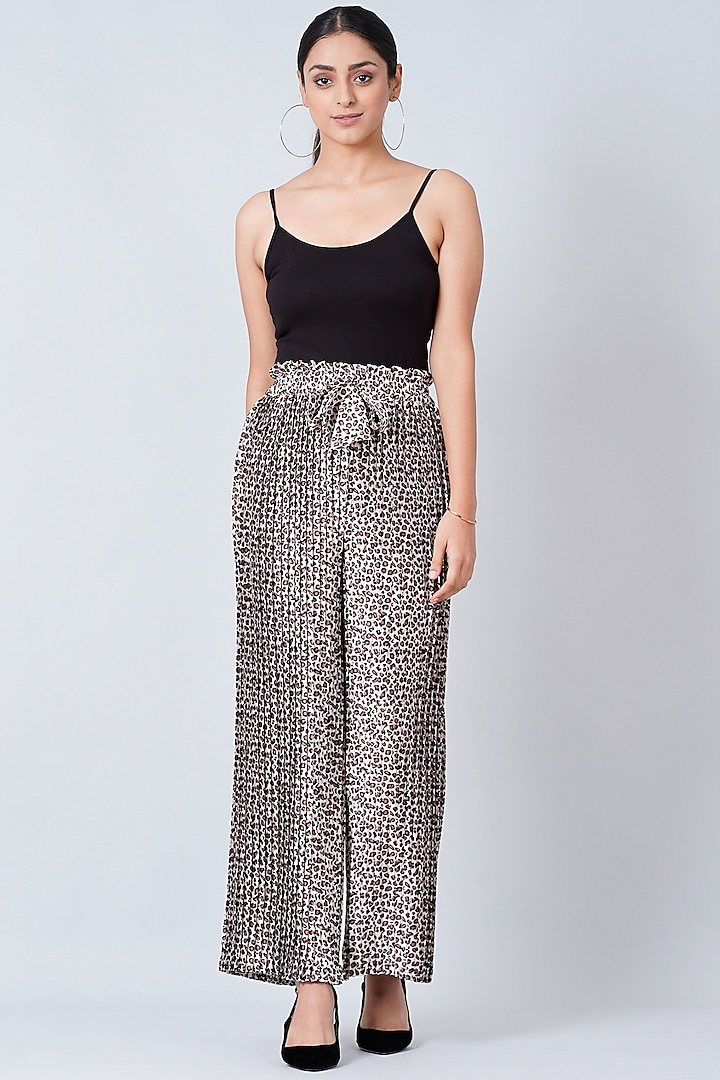 Brown Printed Pleated Palazzo Pants by First Resort by Ramola Bachchan