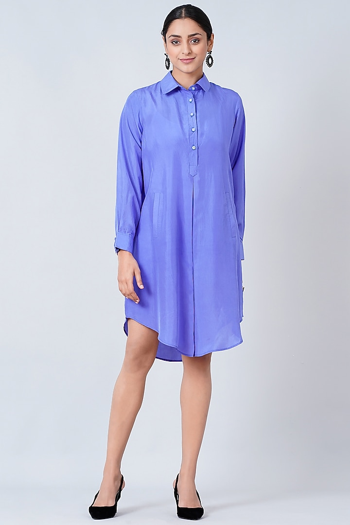 Periwinkle Blue Habutai Silk Summer Shirt Dress by First Resort by Ramola Bachchan at Pernia's Pop Up Shop