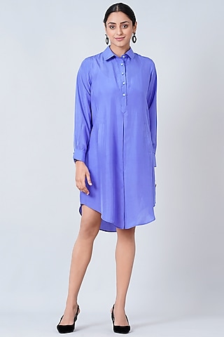 Periwinkle Blue Habutai Silk Shirt Dress by First Resort by Ramola Bachchan