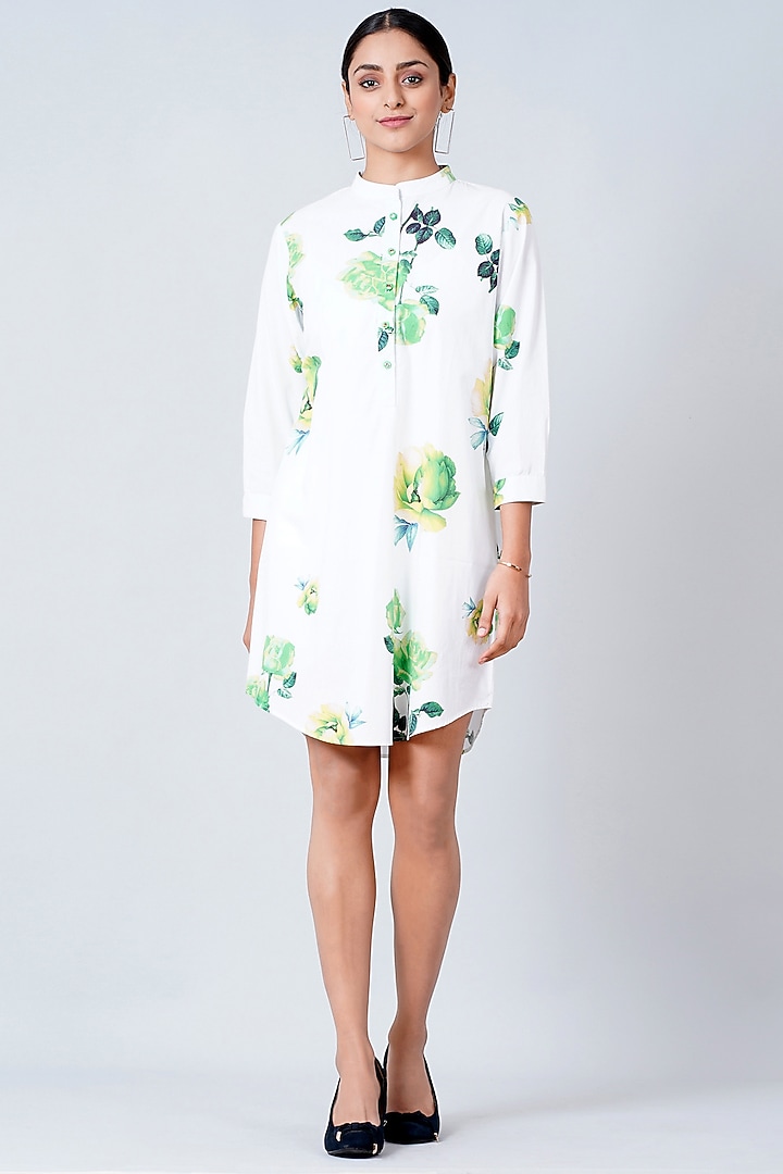 White Printed Summer Shirt Dress by First Resort by Ramola Bachchan at Pernia's Pop Up Shop