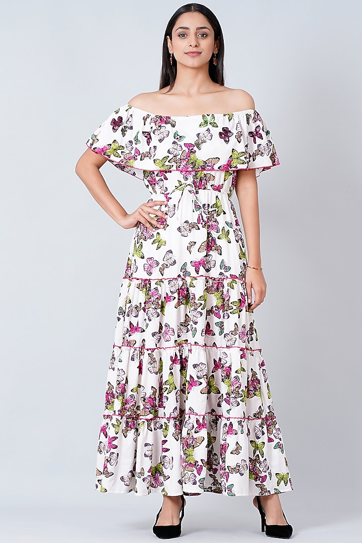 White Printed Off-Shoulder Dress by First Resort by Ramola Bachchan