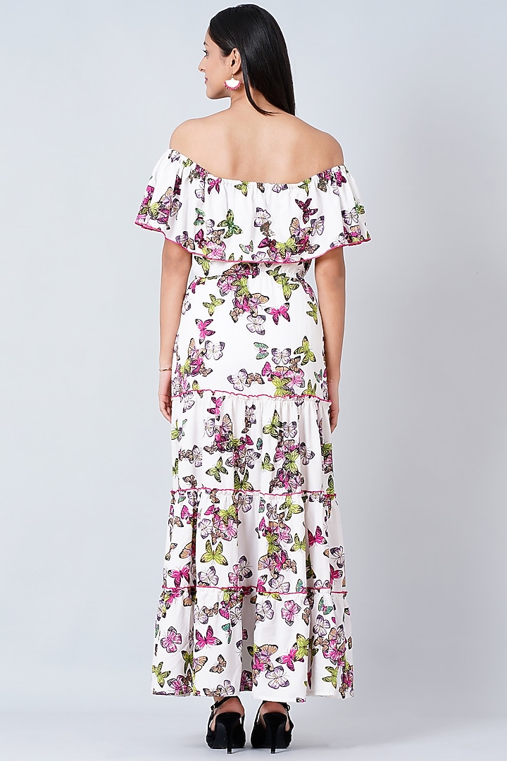 White Printed Off-Shoulder Summer Dress by First Resort by Ramola Bachchan at Pernia's Pop Up Shop