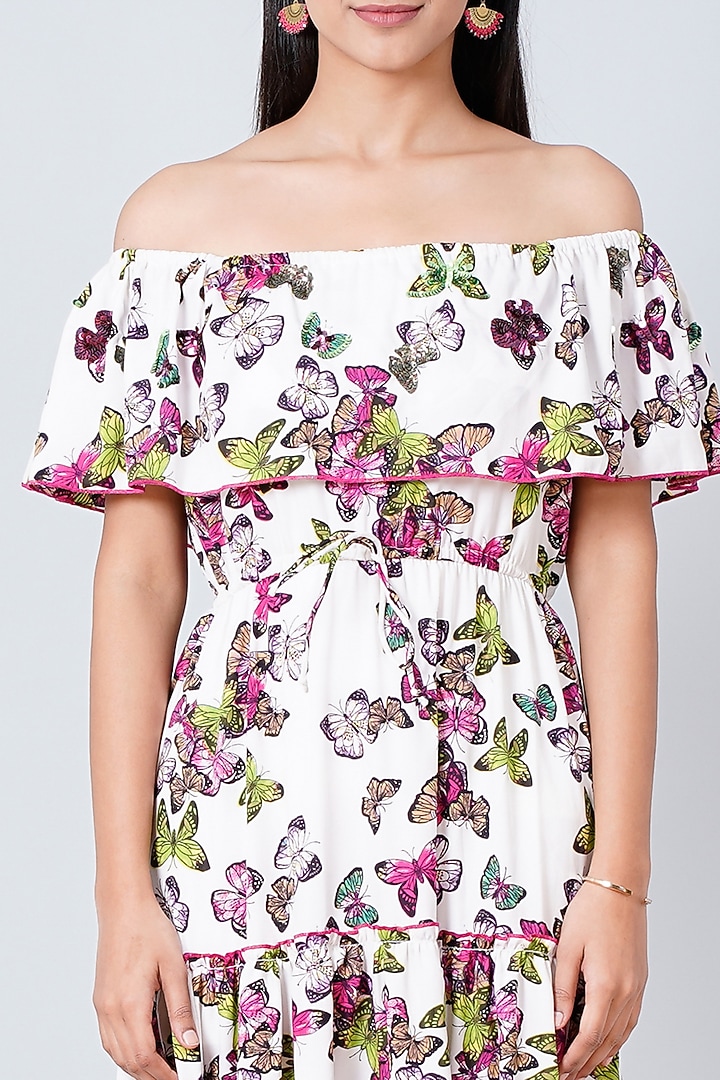 White Printed Off-Shoulder Summer Dress by First Resort by Ramola Bachchan at Pernia's Pop Up Shop