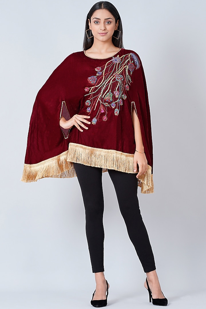 Maroon Embroidered Poncho Top by First Resort by Ramola Bachchan