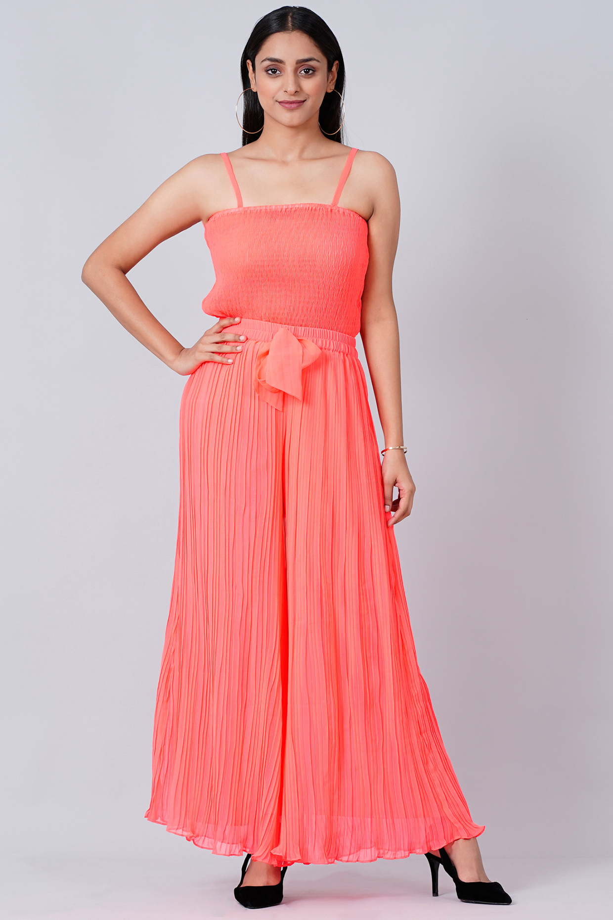 Neon Fuchsia Polyester Chiffon Pleated Pant Set by First Resort by Ramola Bachchan at Pernia's Pop Up Shop
