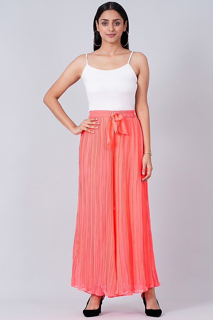 Neon Fuchsia Polyester Chiffon Pleated Pant Set by First Resort by Ramola Bachchan at Pernia's Pop Up Shop