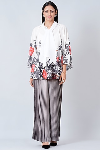Grey Polyester Georgette & Satin Pant Set by First Resort by Ramola Bachchan